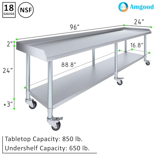 Image of AmGood Stainless Steel Equipment Stand with Undershelf + Casters, Heavy Duty, Commercial Grade, NSF Certified (24 inch Width x 96 inch Length + Casters)