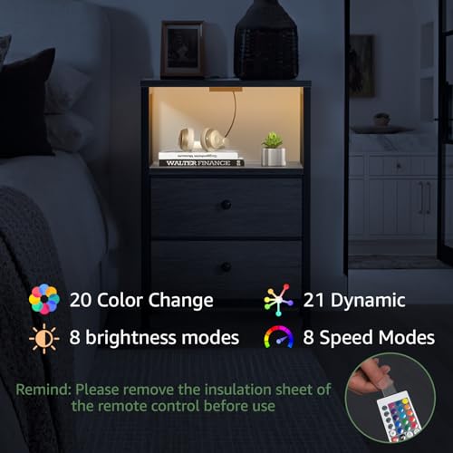 Image of BOLUO Gray Nightstand with Charging Station, LED Night Stand with 2 Fabric Drawers, Bedside Table with USB Ports and Outlets, Nightstand for Bedroom Modern
