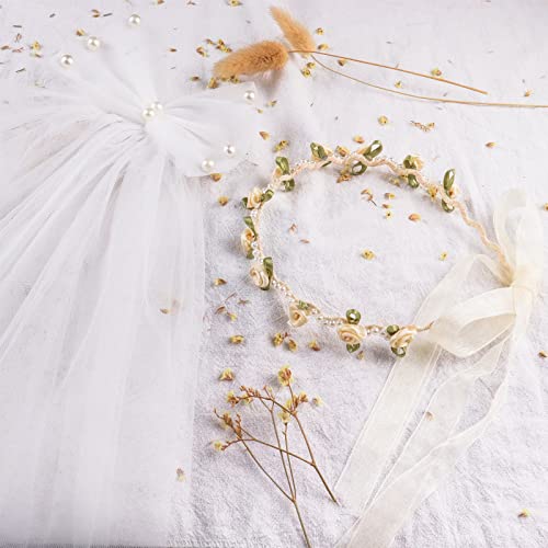 Yelsky First Communion Veil Set, White Lace with Pearl Bow Communion Veil for Catholic, White Flower Wreath Crown for Girls4