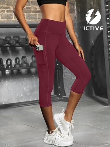 Fihapyli ICTIVE Women's Capris Yoga Pants with Pockets Running Pilates Fitness Running High Waisted Leggings Burgundy L — view 3