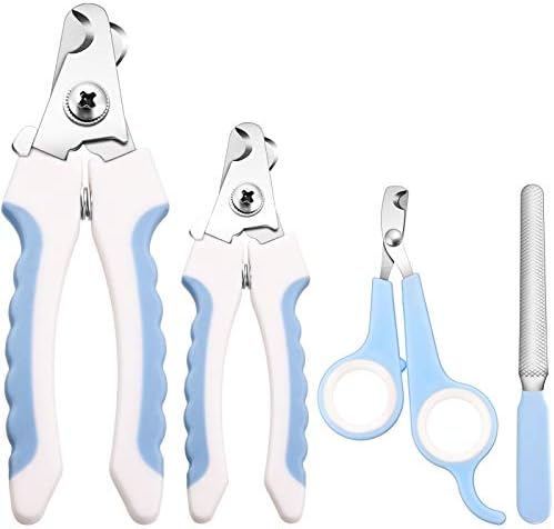Mudder 4 Pieces Dog Nail Clippers Kit Dog Cat Pets Nail Clippers and Trimmers with Safety Guard to Avoid Over Cutting and Nail File for Large and Small Animals (Blue and White)