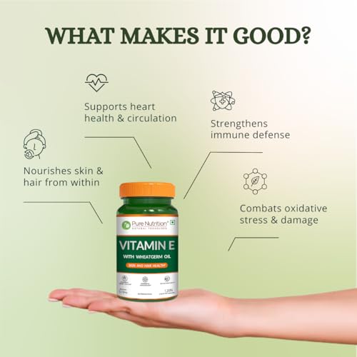 Image of Pure Nutrition Vitamin E Capsule 510mg with Wheatgerm Oil - 120 Liquid Fill Capsules | Vit E Capsule for Face, Immunity & Heart Health | Natural Antioxidant Vitamin E Supplement