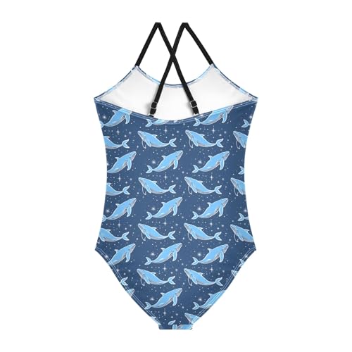 senya Girls Swimsuits One-Piece Swimwear Tie Bathing Suit Beach Summer Round Neck 7-8T Whales and Stars on Navy Pattern2