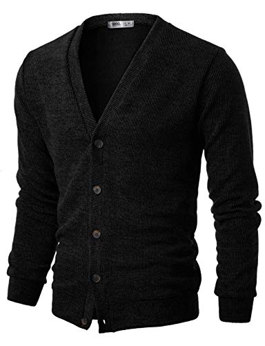 OHOO Mens Slim Fit Ribbed Knit Soft Blend Button Cardigan/DCC043-BLACK-S