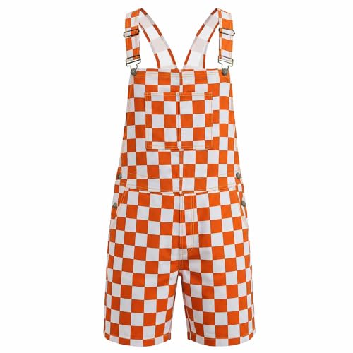 Image of Ginsiom Checkered Bib Overalls Men, Stretch Romper Work Coveralls with Pockets Plaid Men Jumpsuit Shorts, Orange and White, 3X-Large