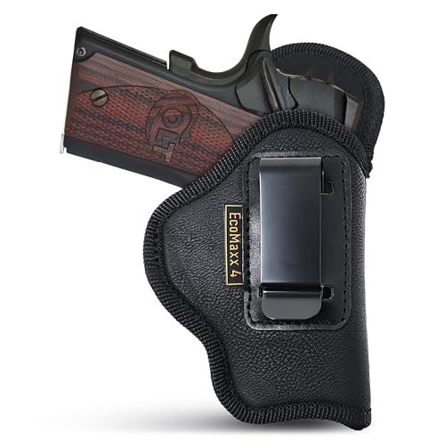 Black Compact Eco Leather IWB Holster. Compatible with Colt Defender 3', Kimber, Sig, S&W 1911 3' Models, Ruger SR 1911. Concealed Carry Inside Waistband Gun Holster for Men. Right Hand
