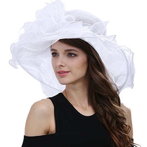 FORDALLIO Womens Church Derby Wide Brim Sun Hat Sister Tea Party Headwear Bridal Wedding Fascinator (White)
