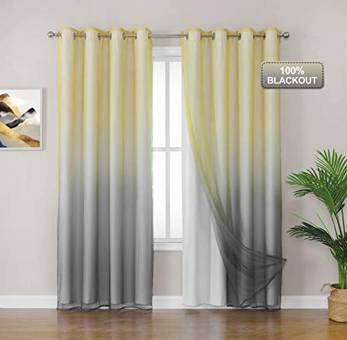 Selectex Mix and Match Curtain - 100% Blackout Curtains with Sheer Ombre Kids Curtains for Bedroom Thermal Insulated Sun Blocking Grommet Drapes, 52x84 inch, Set of 2 Panels, Yellow & Grey