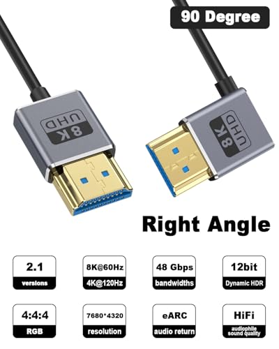 Duttek 8K Right Angle HDMI 2.1 Cable, HDMI Male to Male Cable, 48Gbps Ultra Thin HDMI Cord OD2.5mm, Support 8K@60Hz, 4K@240Hz - Image 2