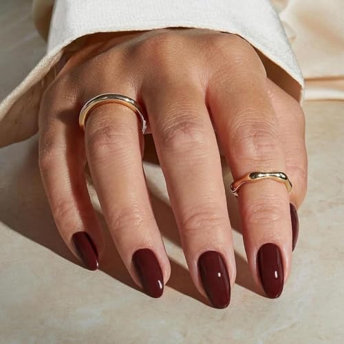 Wine Red Press on Nails Short Almond MABKJLF Fake Nails Full Cover Red Solid Color False Nails with Nail Glue Glossy Glue on Nails Acrylic Nails Manicure Artificial Nails for Women Girls 24Pcs