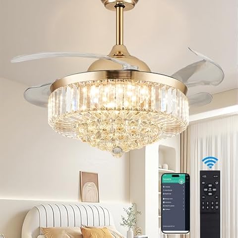 DuMaiWay 30" Golden Chandelier Ceiling Fan with Light Crystal Modern Fandelier Reversible Ceiling Fan Dimmable Retractable Timer for Dining Living Room Bedroom Cover