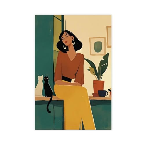 Poster bohème minimaliste sur toile femme et chat | Décoration murale salon chambre