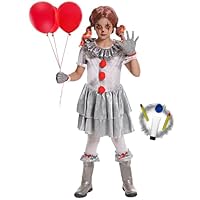 Fooecor Clown Costume for Girls Scary Dress Up Halloween Party, Makeup Kit Red Nose Included