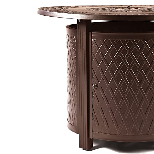 Image of Oakland Living Round 34 in. x 34 in. Aluminum Propane Fire Pit Table with Glass Beads, Two Covers, Lid, 37,000 BTUs in Brown Finish