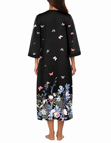 Image of Ekouaer Women Zipper Robe 3 /4 Sleeves Loungewear Dress Full Length Sleepwear Pockets Housecoat Nightgown Long Bathrobe