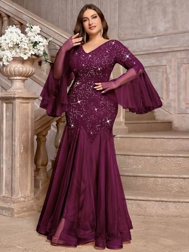 Image of MISSMAY Women's Plus Size Formal Evening Gowns Sequin Mermaid Tulle Dresses