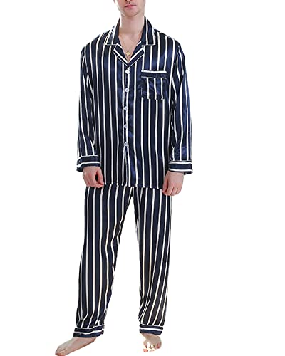 Pijamas De Verano para Hombre, Conjunto De Pijamas De Rayas De Seda De Imitación, Ropa De Dormir De Lujo De Manga Larga, Conjunto De Pijama De 2 Piezas con Botones,Stripes,L