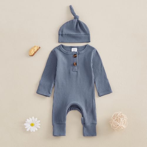 Neutral Baby Clothes Newborn Girl Boy Coming Home From Hospital Outfit Cute Ribbed Knit One-Piece Romper Jumpsuit Hat2
