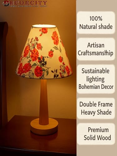 Image of Decorative Floral Shade Table Lamp with Warm LED Lighting & Natural Wooden Stand - Perfect for Bedroom, Living Room, Study & Gifting (Marigold)