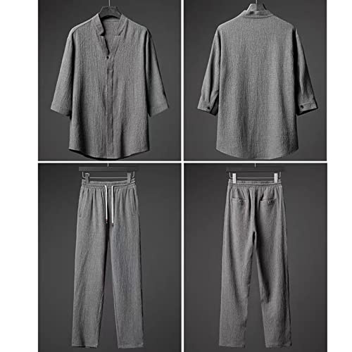 Men's 2 Pieces Linen Set Summer Outfits, Casual Beach Button Down Shirt Short Sleeve Casual Loose Yoga Pant Sets