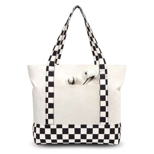 Image of TOPDesign 1-Pack Canvas Tote Bag with an External Pocket, Reusable Grocery Shopping Bag, Top Zipper Closure, Daily Essentials (Checkerboard /Natural)