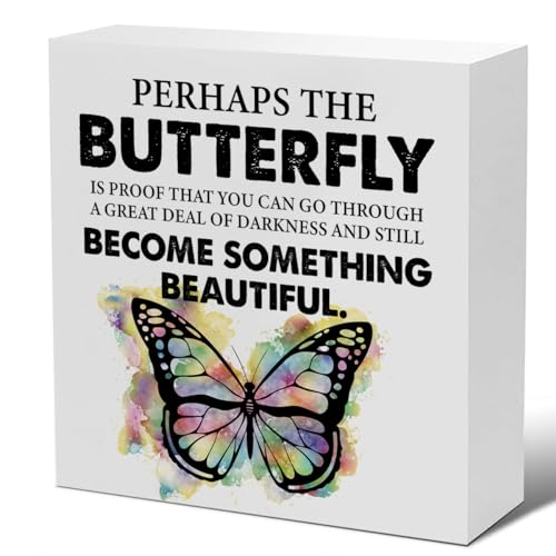 Image of Inspirational Decor Butterfly Quote Square Wood Sign with Sayings Spring Decorations for Home Desk Table Shelf Tabletop Wall