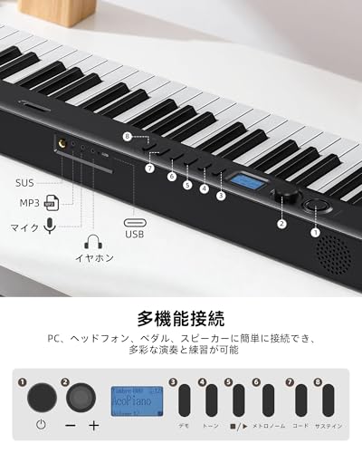 LEKATOポータブル88鍵電子ピアノキーボード 折りたたみ式デジタルピアノ フルサイズセミウェイテッドベロシティキー 木目調 学習モード LCDスクリーン Bluetooth USB MIDI 初心者向けホームトラベル用