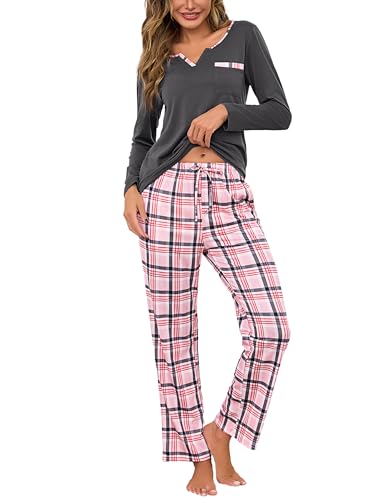 Bresdk Schlafanzug Damen Pyjama Set Lang Baumwolle Nachtwäsche Warm Schlafanzüge Lounge Wear Rosa Grau S
