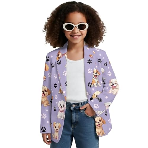 Luarisgur Kids Suit Jacket for Teen Girls Blazer Outfit with Pockets Dressy Notched Lapel Dog Paw Print Suit Coat for School Party Wedding