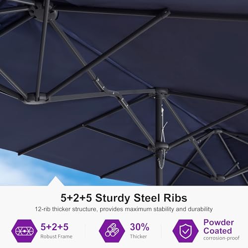 Image of PURPLE LEAF Patio Umbrella 14ft with Base and Solar Lights, Navy Blue