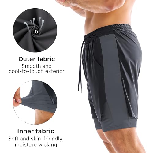 BROKIG Men's Dual-Layer Gym Shorts, Lightweight Quick Dry Running Bodybuilding 7'' Fitted Workout Short Lined-Zip Pocket4