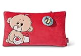 Das rote Plüschkissen zeigt das Bärenmädchen Baby-Bär und die kleine Biene. Die hellblaue Rückseite des Kissens ist mit einem niedlichen Muster aus Bienen und Blumen bedeckt. Zusätzlich ist die Biene als Highlight an einer Schnur befestigt. So kannst du auch mit ihr spielen.