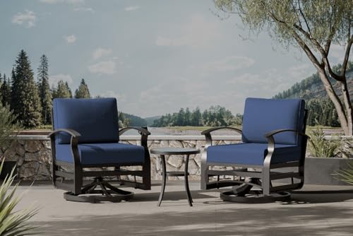 Image of Outdoor Patio Furniture Set, 3 Piece Aluminum Metal Chairs Swivel Rocker, Overstuffed Washable Cushions Bistro Set for Porch, Balcony, Deck, Garden Navy