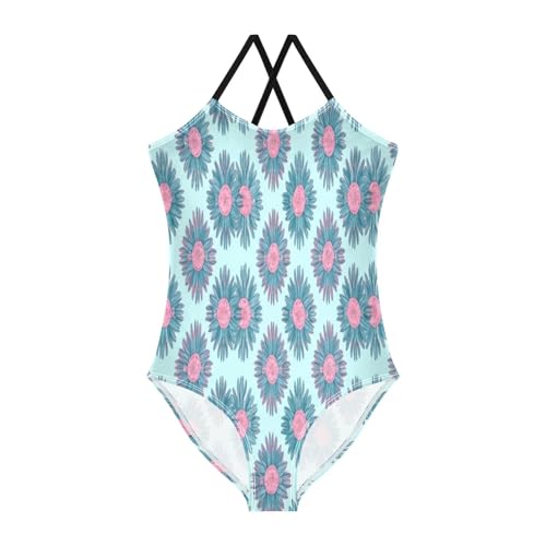 Pink Blue Floral Girl Bathing Suit with Adjustable Shoulder Strap, Beach Bathing Suit, 3-10