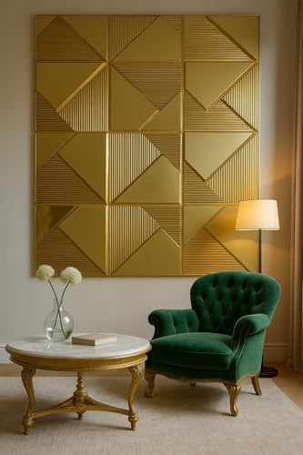 Image of RoseCraft Glossy Golden Geometric Mosaic Wall Panel - Decorative Acrylic Tiles, DIY Easy‑Install Reflective Accent|50cm X 50CM (Pack of 10 pcs)