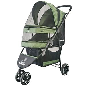 ROODO 3 Wheel Pet Stroller Best Lightweight Foldable Compact Portable Jogger All Terrain Travel Pet Gear Puppy Kitty Stroller for up to 30lbs Medium Small Dogs and Cats(Green)