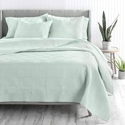 Welhome Preston Cotton Sateen Quilt King Set - 3 Piece | 1 King Quilt - 2 Pillow Shams | Designer Queen Bedspread | Winter King Size Bedding | Soft Silky Smooth | All Season | Aqua