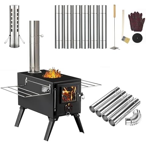 Hot Tent Stove, AVOFOREST Wood Burning Stove, Portable Wood Stove with 12 Stainless Chimney Pipes for Outdoor Heating & Cooking, Ice Fishing, Hunting Cover