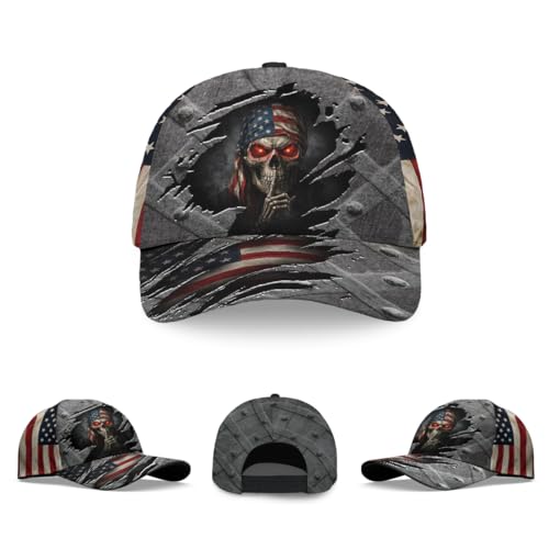 Image of Skull Baseball Cap for Men, Grim Reaper Death Crack Old Metal with Flag, Men's Hat, Adjustable Motorcycle Soft Caps
