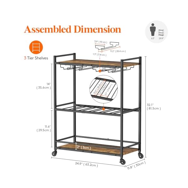Lifewit bar cart 3 tier serving home bar with lockable wheels wine rack and glass holders rolling drink mobile liquor cart for kitchen dining livingroom 249 x 118 x 321 rustic brown  urban country home decor
