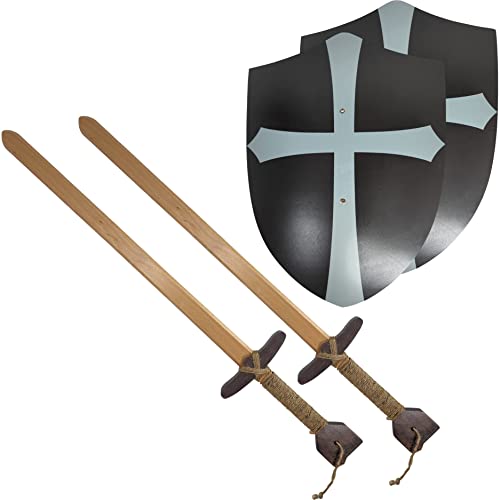 Adventure Awaits! Wooden Toy Sword and Shield Set for Kids | 2 Pack | Knights Templar Style Shield and Sword with Jute Wrapped Handle | Lightweight and Durable for Imaginative Kids | Set of 2