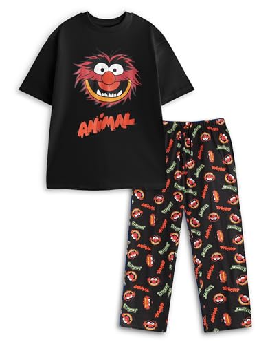 Disney Muppets Animal Mens Short Sleeve Long Leg Pyjama Set | Black & Red Cartoon Sleepwear | Relaxation Loungewear for Bedtime & Lounging | Muppets Merch - X-Large