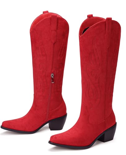 Image of Pasuot Western Cowboy Boots for Women - Knee High Wide Calf Cowgirl Boots, Slip On Pointed Toe Chunky Heel Fashion Retro Classic Pull On Tall Boot for ladies Party concert