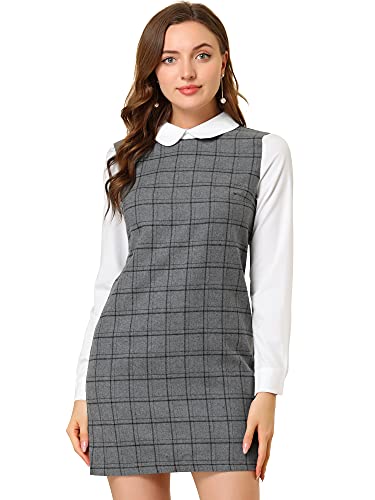Allegra K Vestido De Cuadros Contraste Collar De Peter Pan Manga Larga para Mujeres Gris S