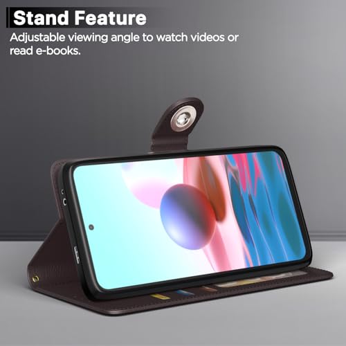 Image of Pikkme Flip Cover Leather Finish | Inside TPU with Card Pockets | Wallet Stand and Shock Proof | Complete Protection Button Flip Case for Redmi Note 10 / Note 10s / Note 11 SE (Coffee)