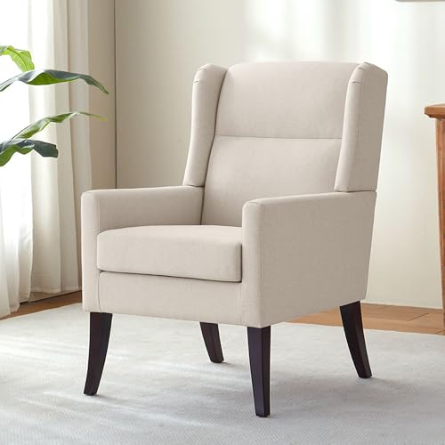 Zihanhome High Back Living Room Chairs, Fabric Accent Chair, Comfy Upholstered Armchair with Wooden Legs for Living Room, Bedroom, Apartment (1, Beige)