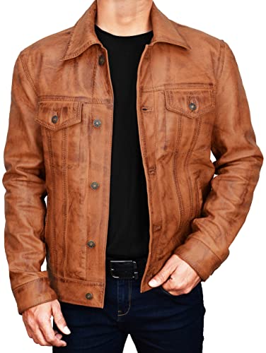 Veste de camionneur en cuir pour homme - Coupe ajustée classique véritable style vintage - Veste en cuir marron pour homme, Camel Fernando Veste en cuir véritable, XXXL Cover