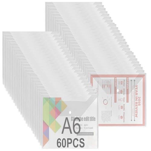 Aselected 60 Stück Dokumentenmappe mit Druckknopf A6 Dokumententasche Transparent Sichttasche Sammelmappe A6 Druckknopf für Organizer Dokumente