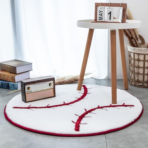 Fancytan Baseball Rug for Boys Bedroom, Non Slip Round Sports Rug for Kids Room Playroom, Baseball Room Decor, White (2'7