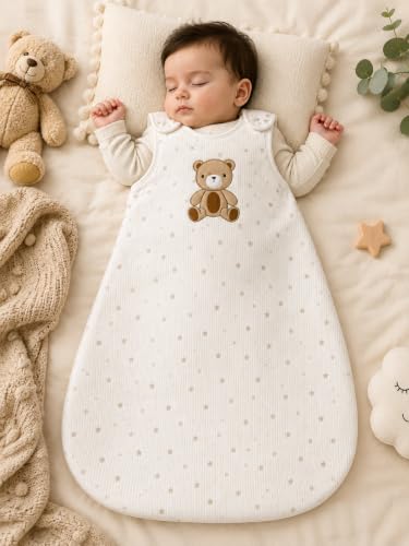 Image of TuddyBuddy Baby Cotton Wearable Quilted Sleeping Bag Blanket 1.5 Tog with 2 Way Zipper Closure | Ideal for Babies & Kids Hypoallergenic Fabrics | (Teddy & Stars AOP - White, 6-12 Months)